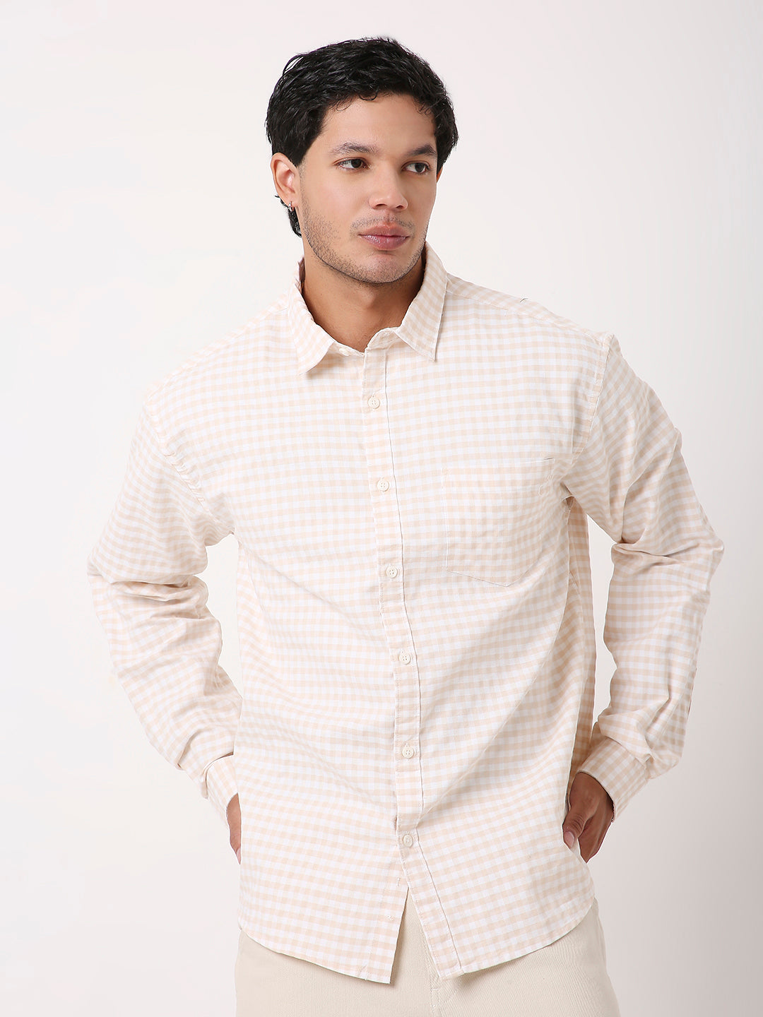 BEIGE OXFORD GINGHAM COTTON SHIRT