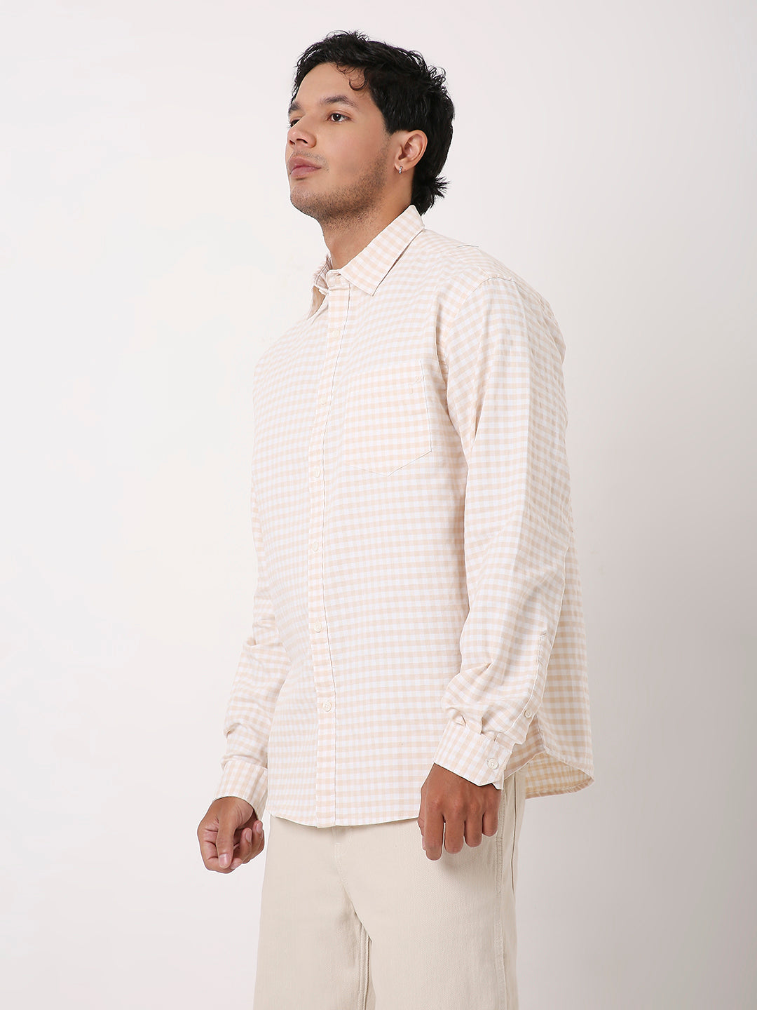 BEIGE OXFORD GINGHAM COTTON SHIRT
