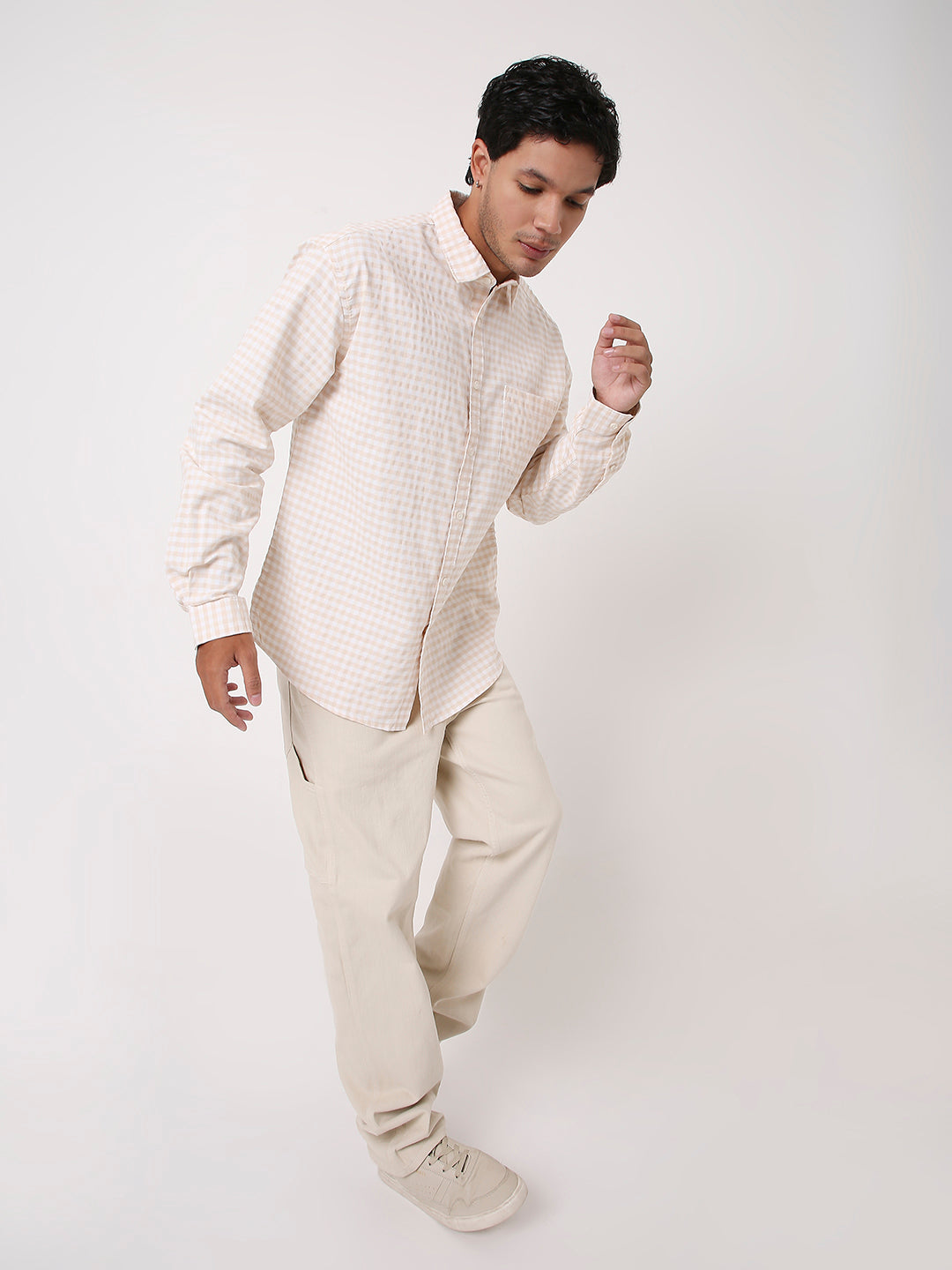 BEIGE OXFORD GINGHAM COTTON SHIRT