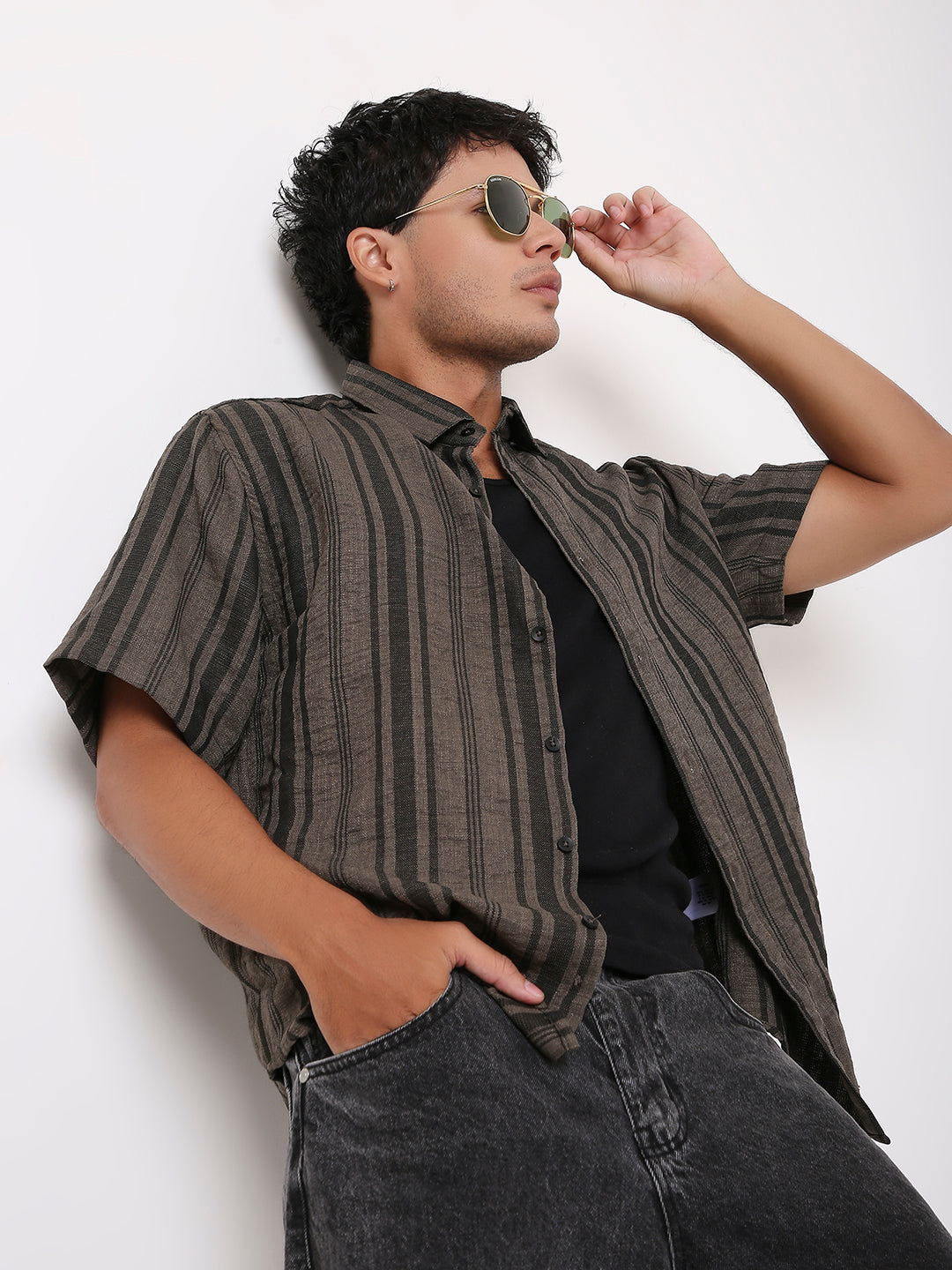 OLIVE STRIPED HALF SLEEVE SHIRT