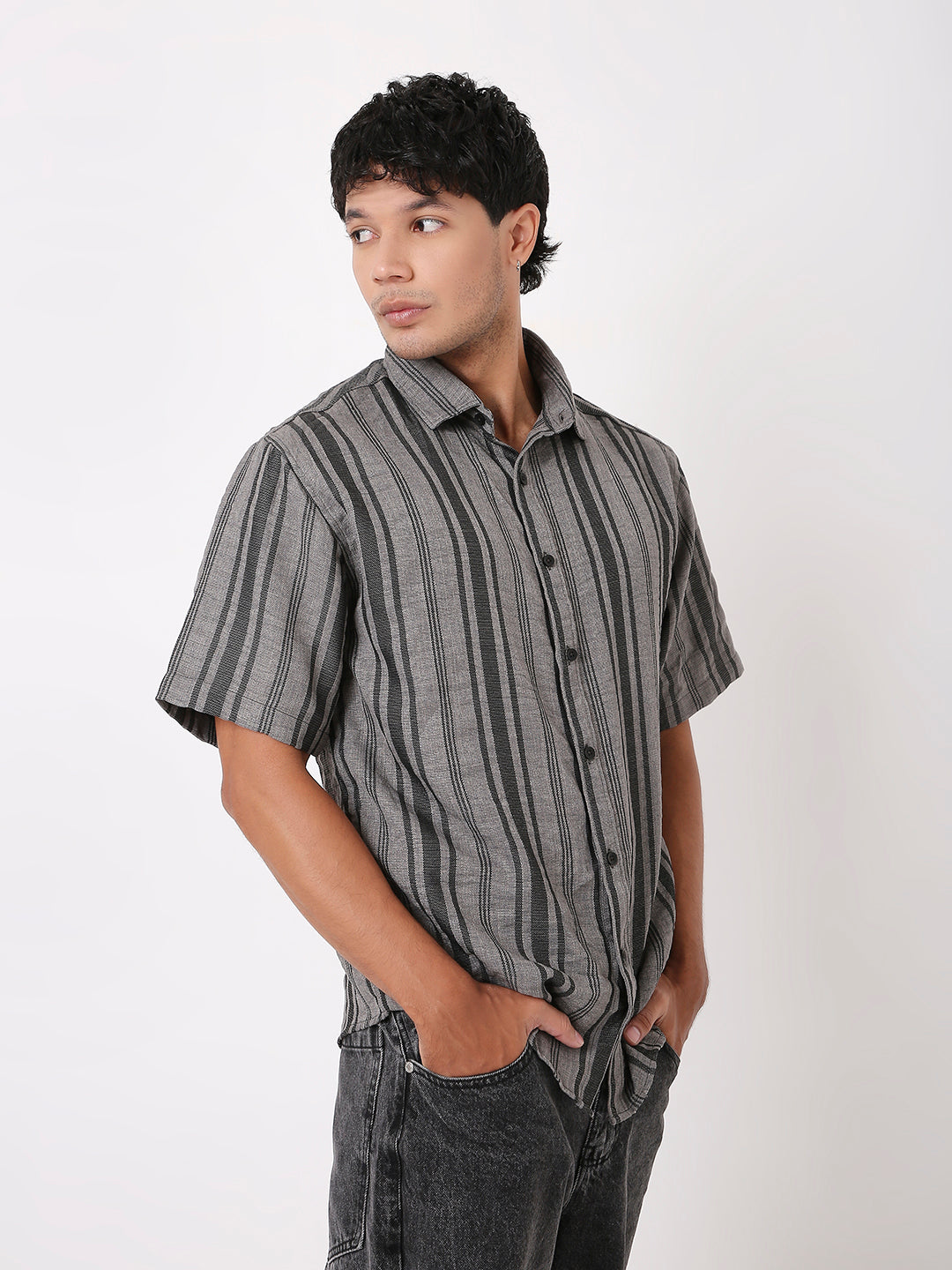 GRAY STRIPED HALF SLEEVE SHIRT