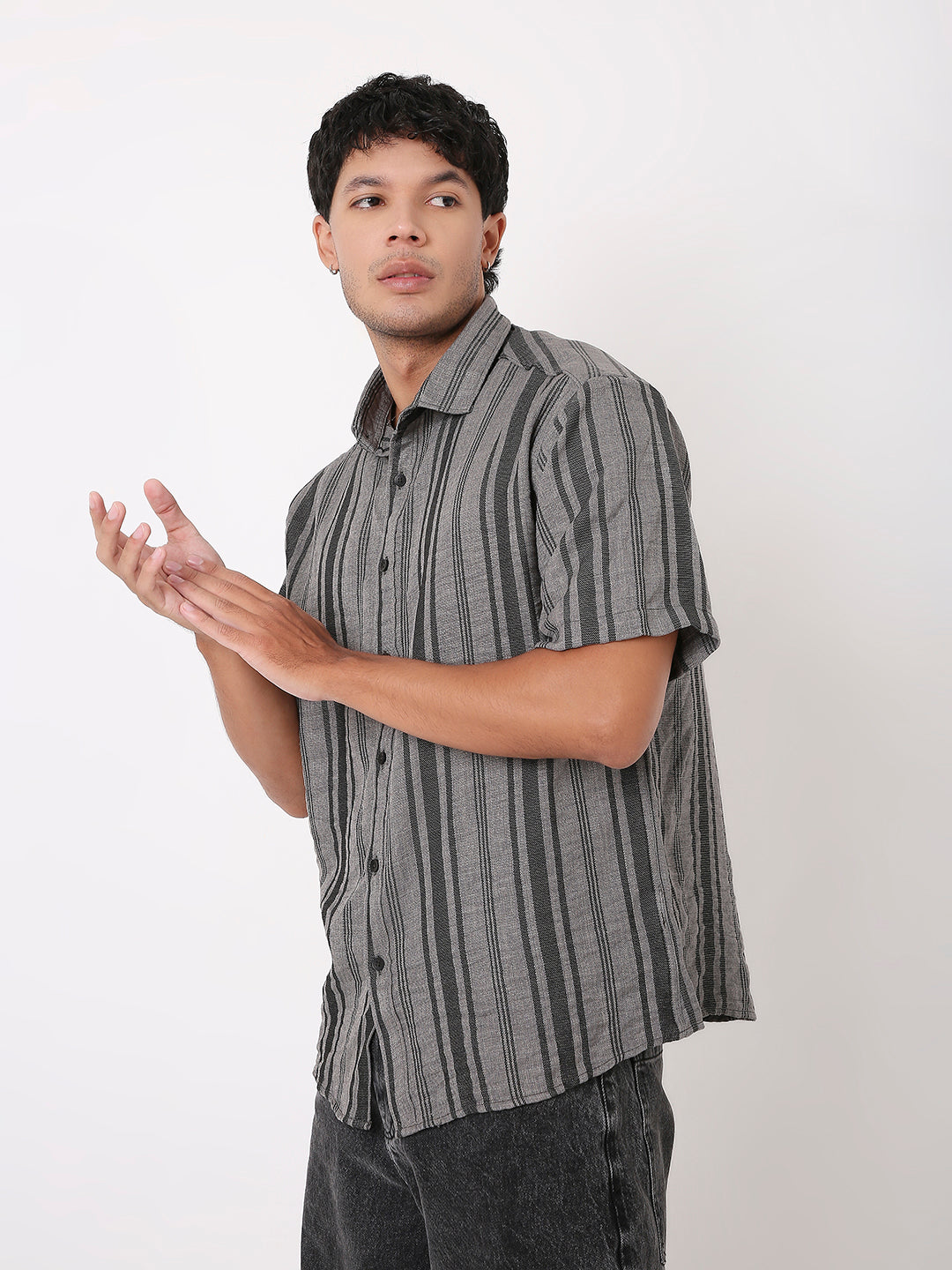 GRAY STRIPED HALF SLEEVE SHIRT