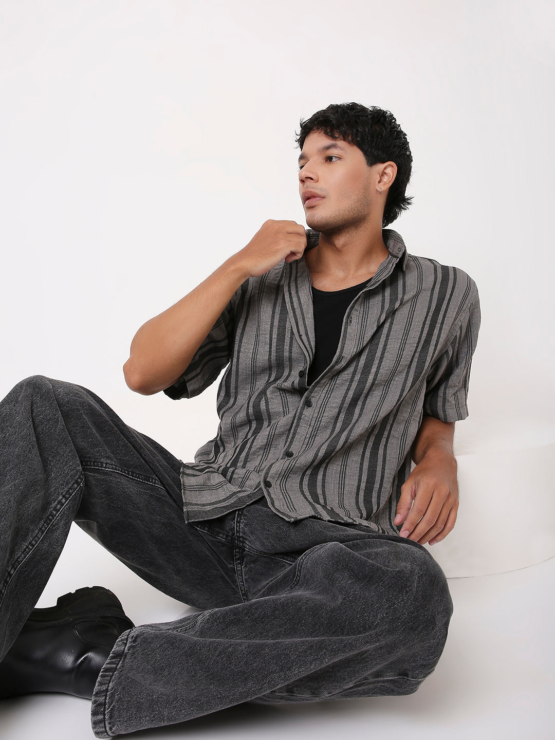 GRAY STRIPED HALF SLEEVE SHIRT