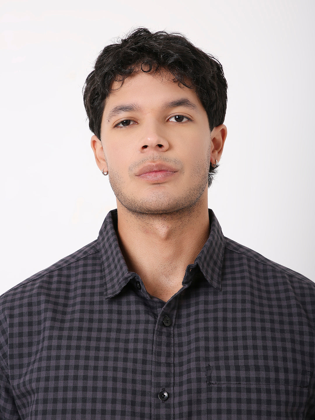 RELAXED FIT CHECKERED DARK GREY COTTON SHIRT