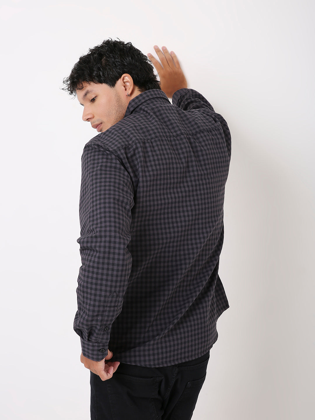 RELAXED FIT CHECKERED DARK GREY COTTON SHIRT