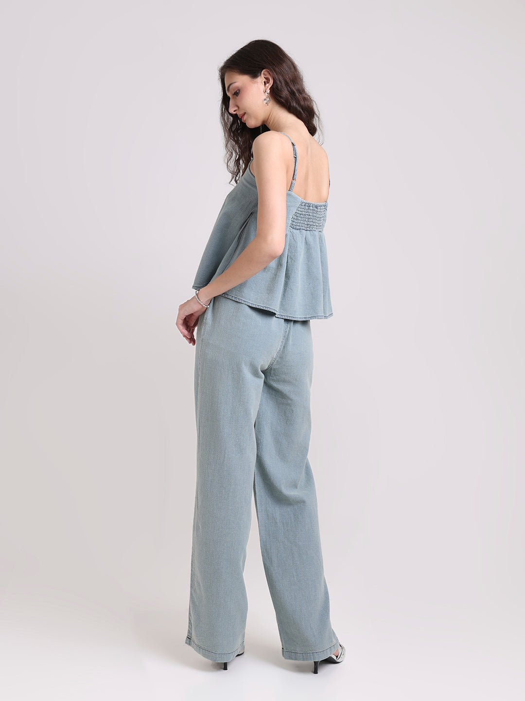 Washed Denim Co-Ord Set with Flared Cami Top & Wide-Leg Trousers