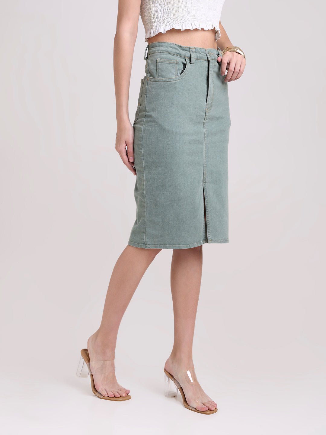 Light Denim Pencil Midi Skirt with Front Slit