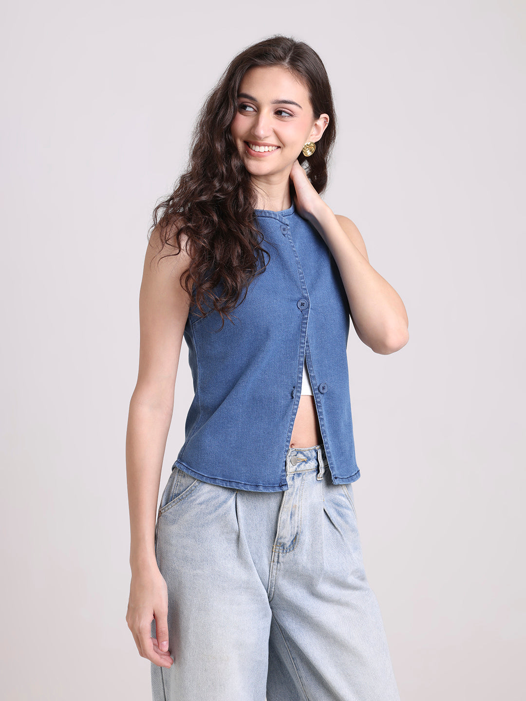 Denim Sleeveless Button-Down Jacket
