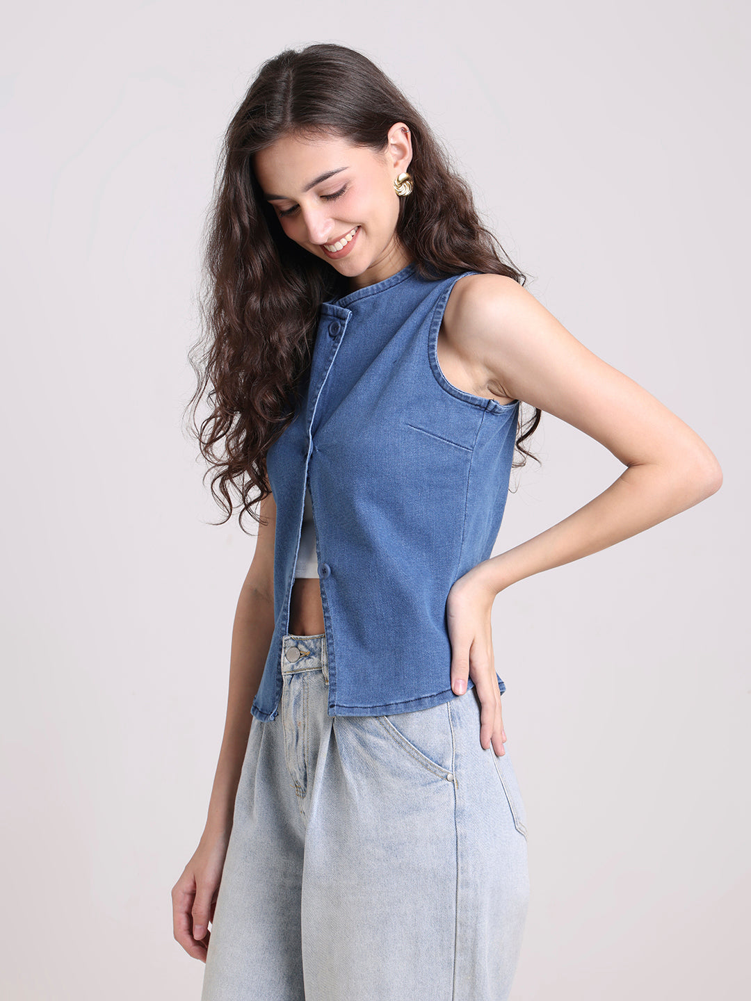 Denim Sleeveless Button-Down Jacket