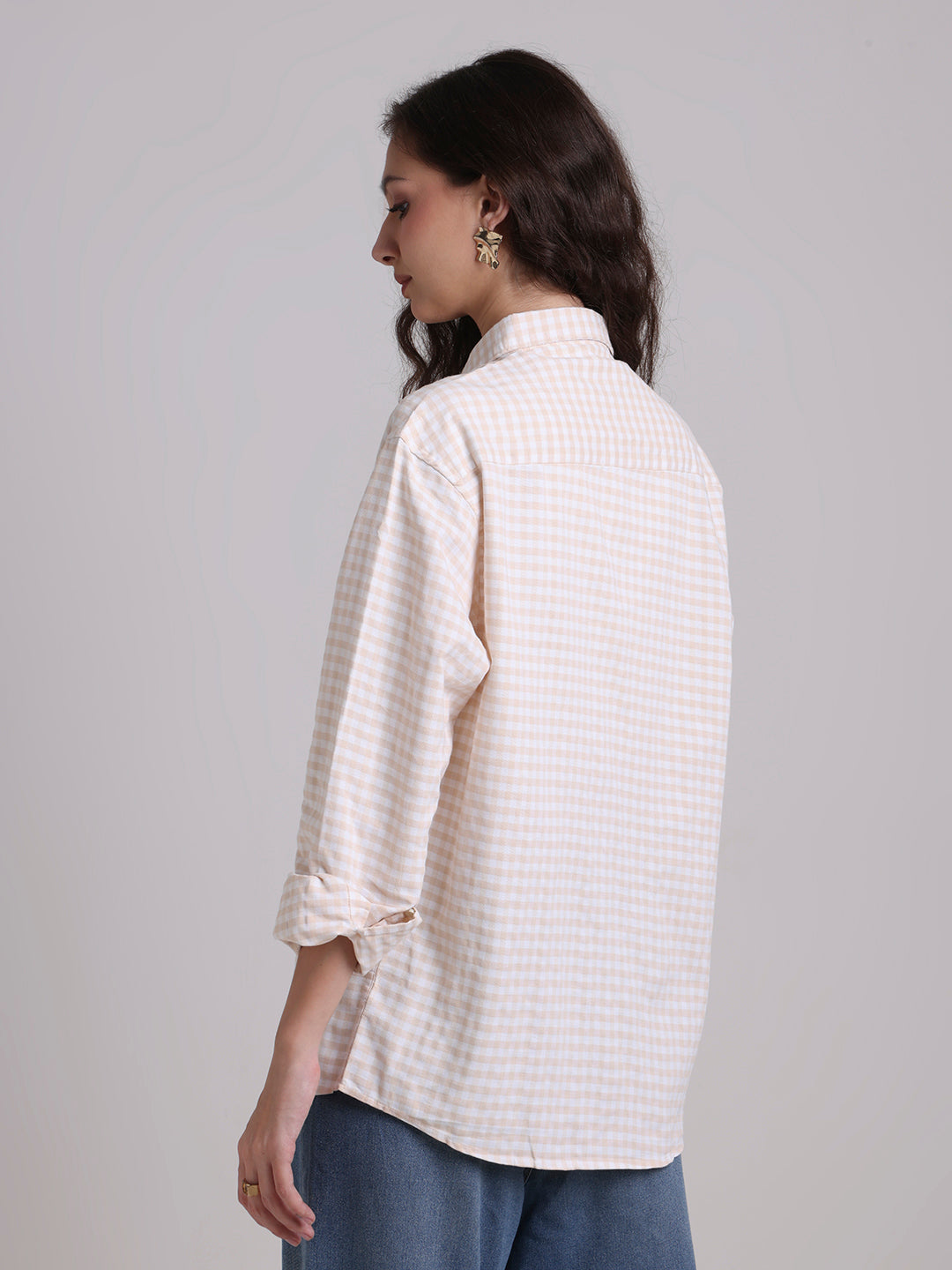 Beige Gingham Oversized Cotton Shirt