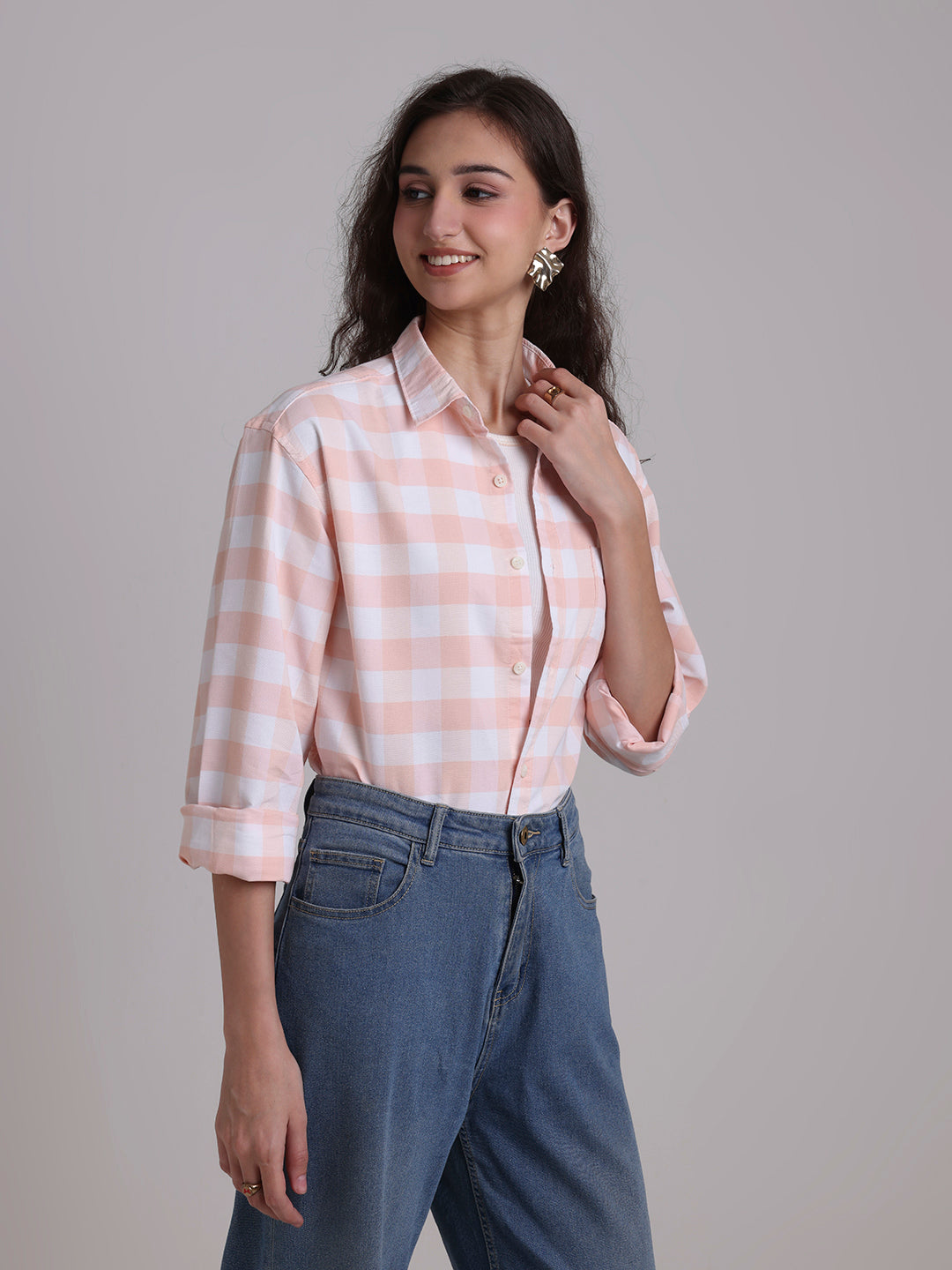 Oxford Peach Checkered Oversized Shirt