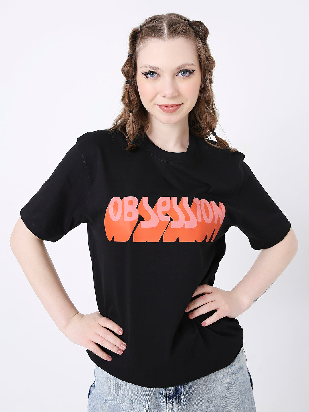 Black relaxed fit T-shirt with bold red and white "OBSESSION" print across chest.