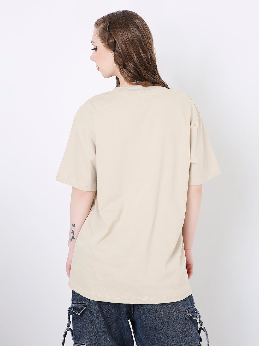 Beige relaxed fit t-shirt with short sleeves, crew neck, and straight hem, shown from back.
