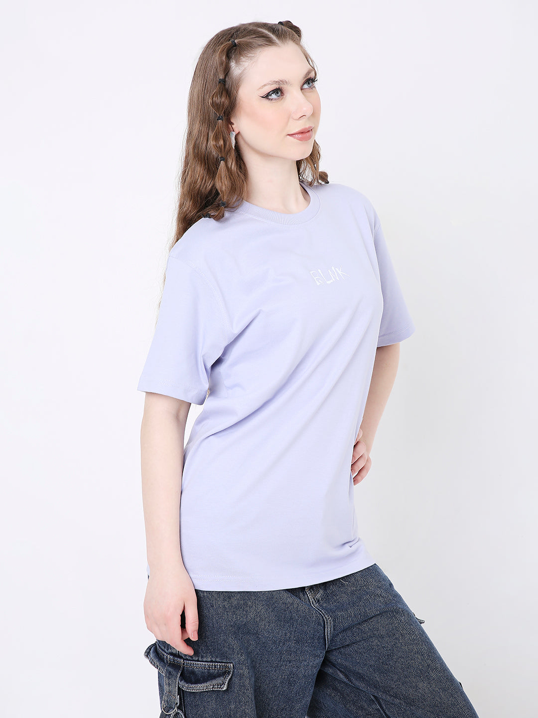 Lavender relaxed fit t-shirt with subtle abstract print, short sleeves, crew neck.