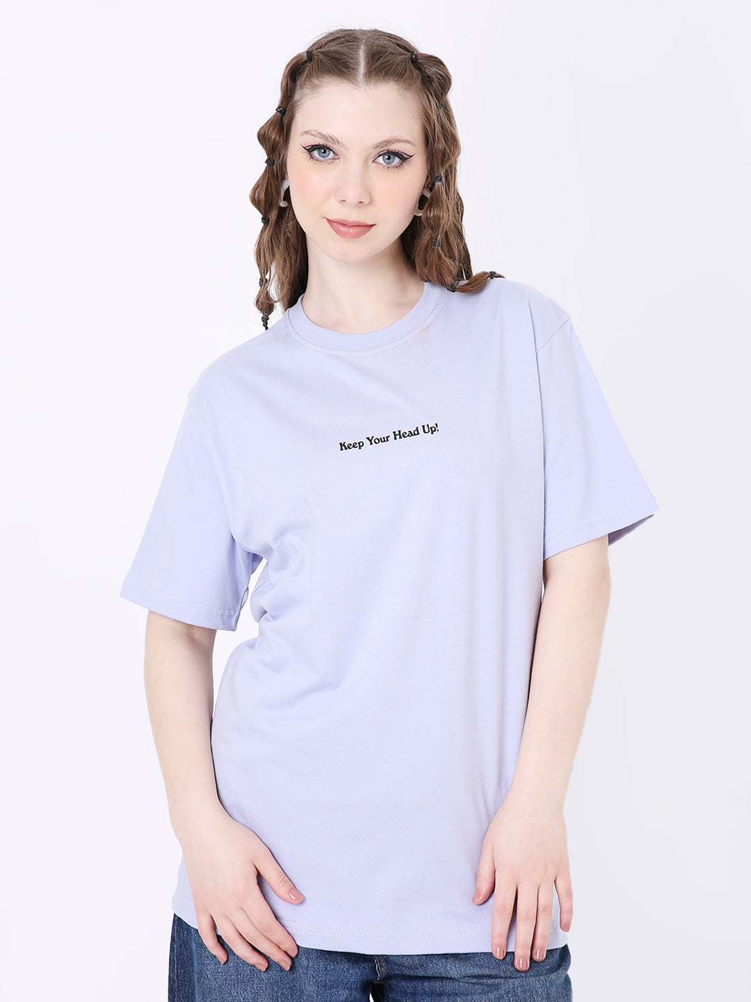 Relaxed fit lavender t-shirt with small black printed text on chest, crew neck, short sleeves.