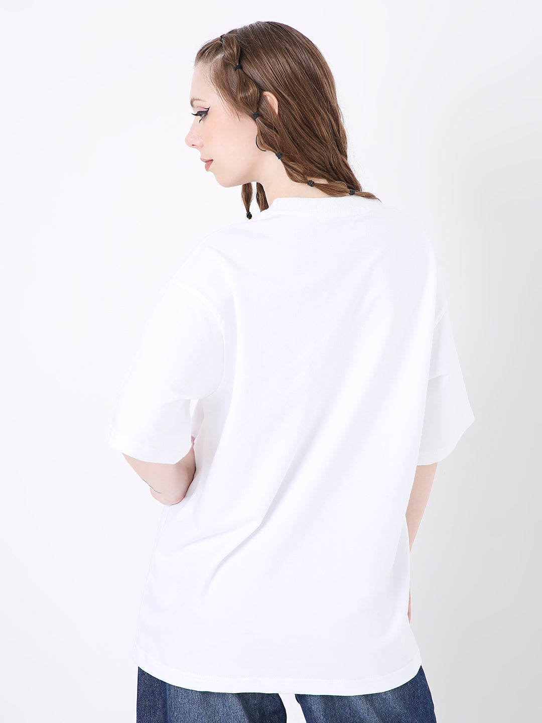 Oversize white solid T-shirt with short sleeves and a relaxed fit shown from the back.