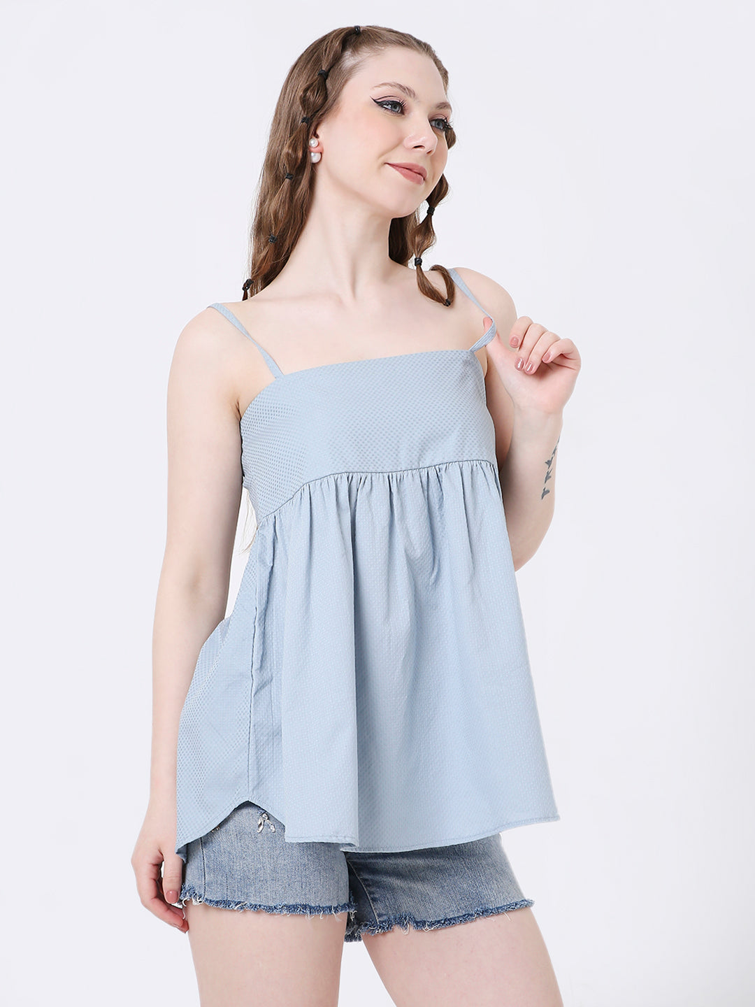 LIGHT BLUE TEXTURED SPAGHETTI STRAP TOP