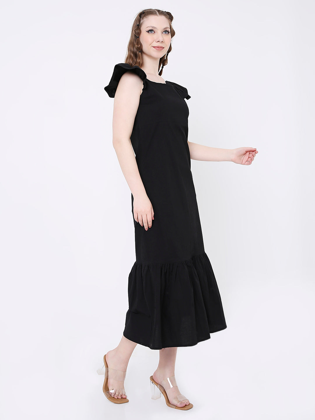 BLACK RUFFLE SLEEVELESS MIDI DRESS