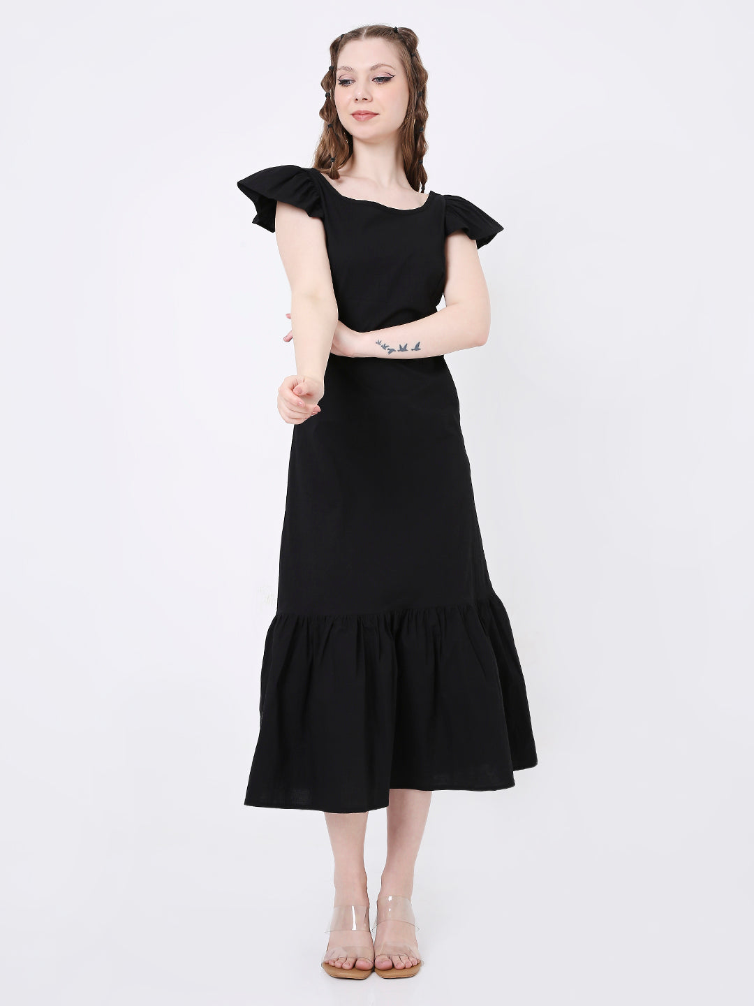 BLACK RUFFLE SLEEVELESS MIDI DRESS