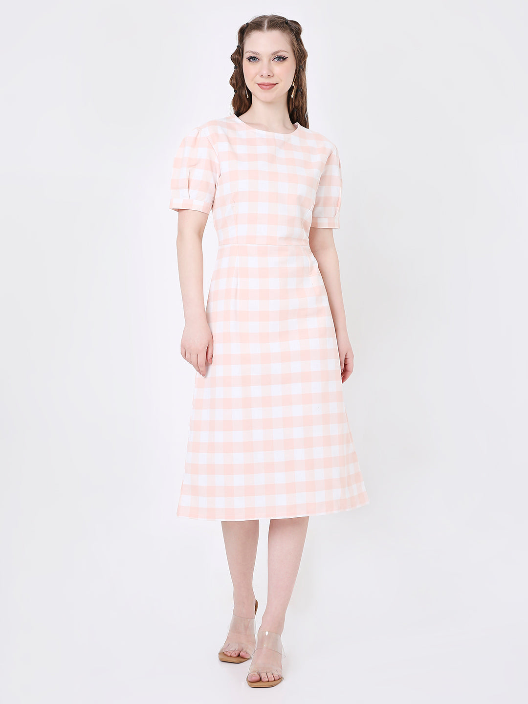 PEACH & WHITE GINGHAM MIDI DRESS
