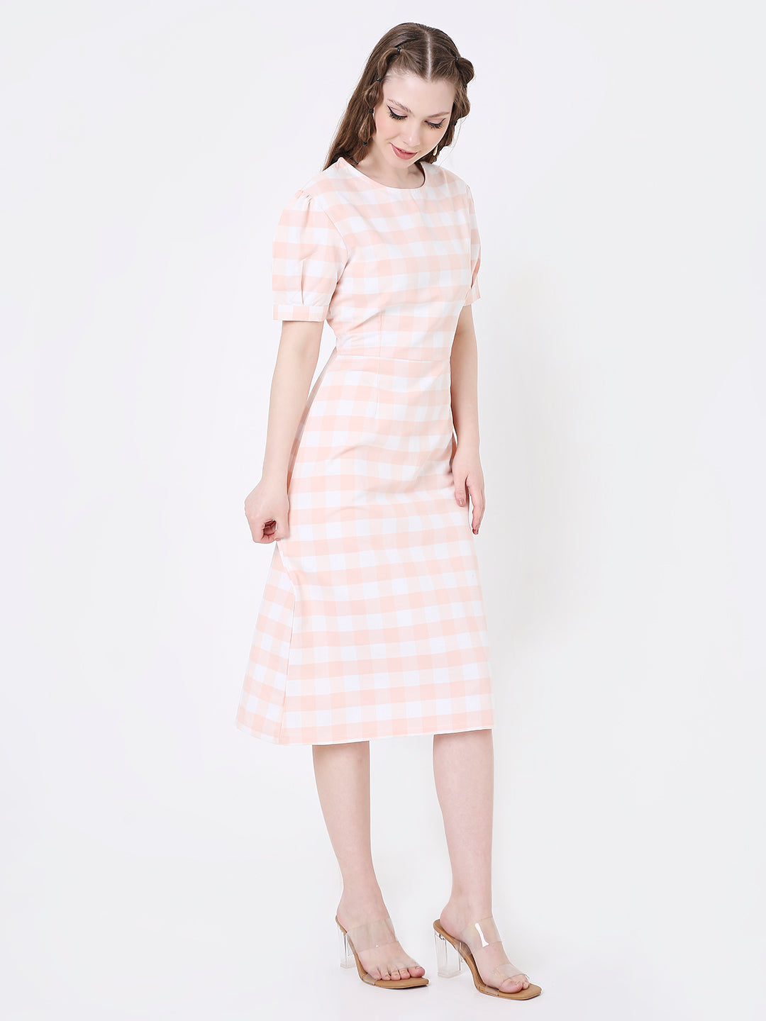 PEACH & WHITE GINGHAM MIDI DRESS