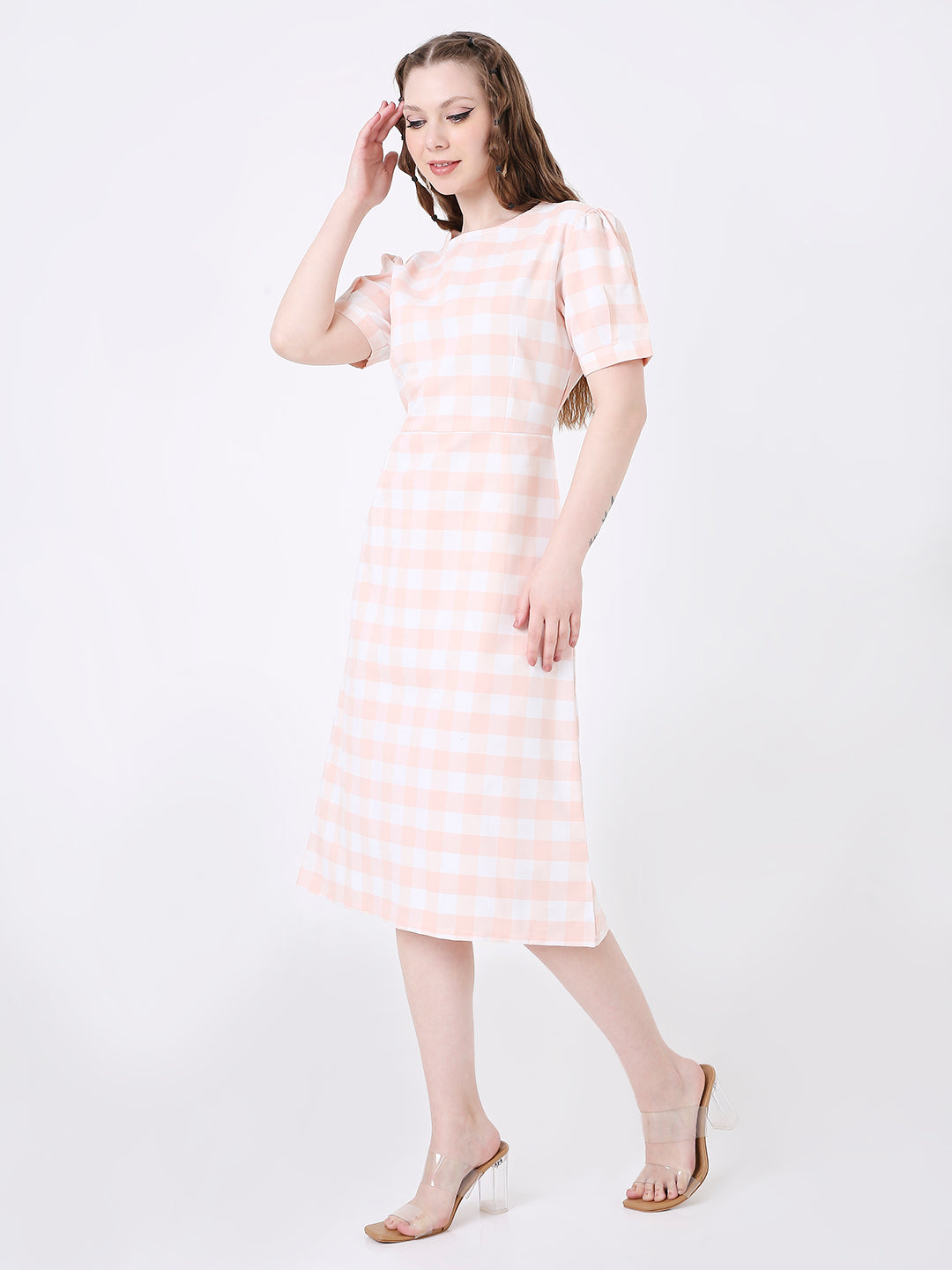 PEACH & WHITE GINGHAM MIDI DRESS