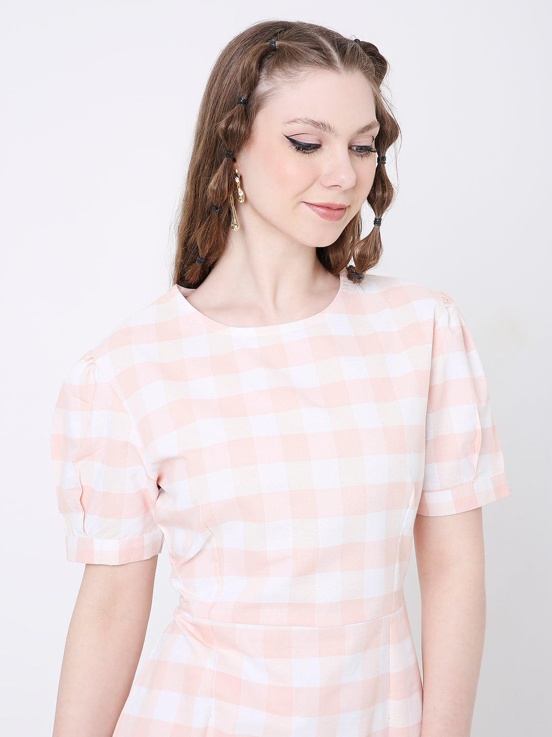 PEACH & WHITE GINGHAM MIDI DRESS