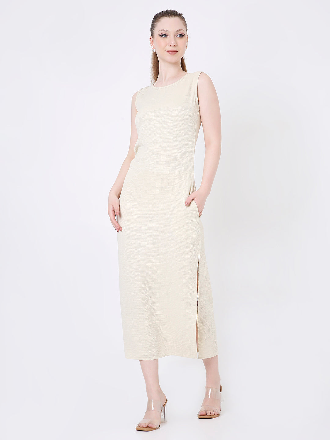 BEIGE SLEEVELESS TEXTURED MIDI DRESS WITH SIDE SLIT
