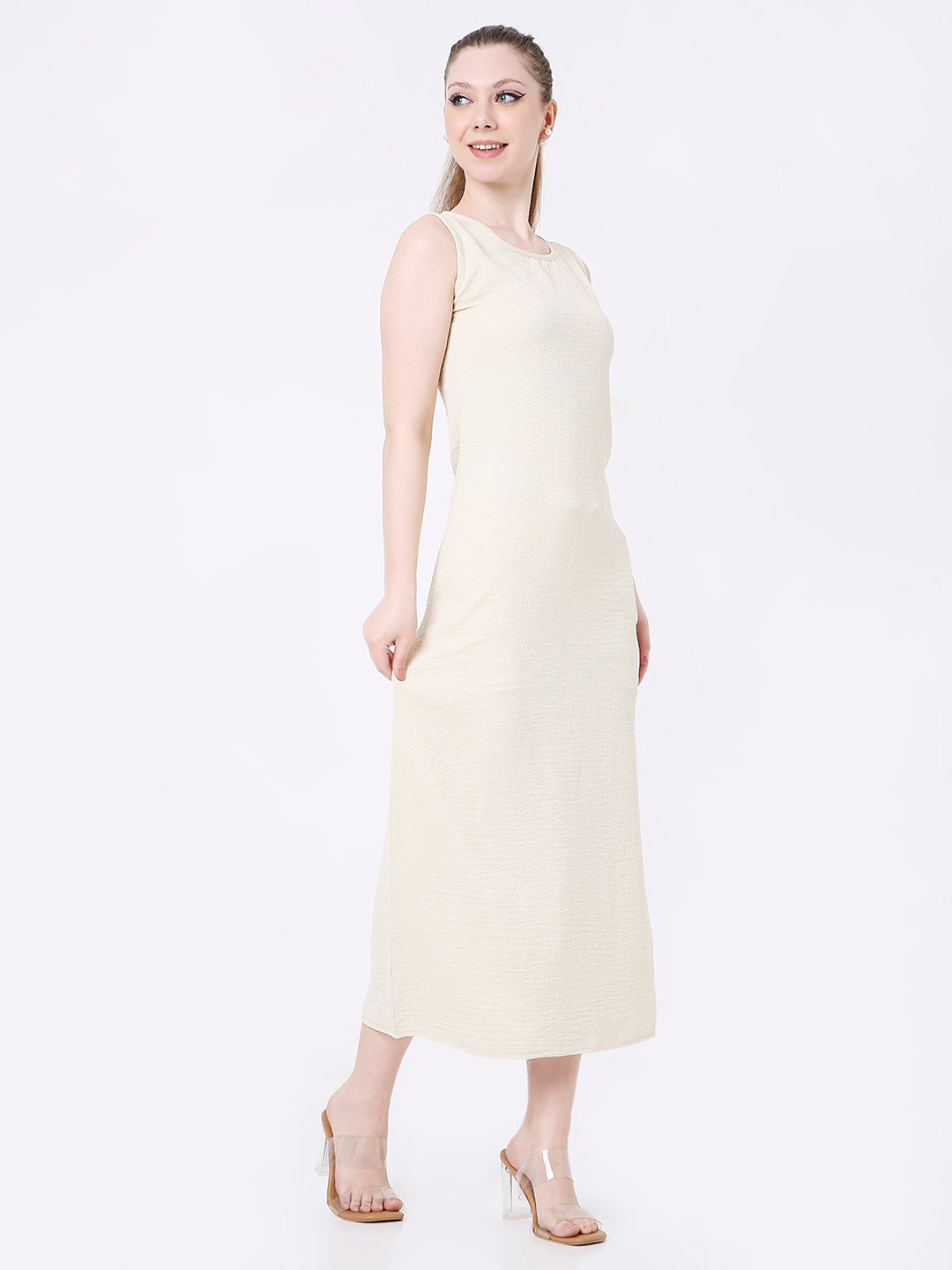 BEIGE SLEEVELESS TEXTURED MIDI DRESS WITH SIDE SLIT