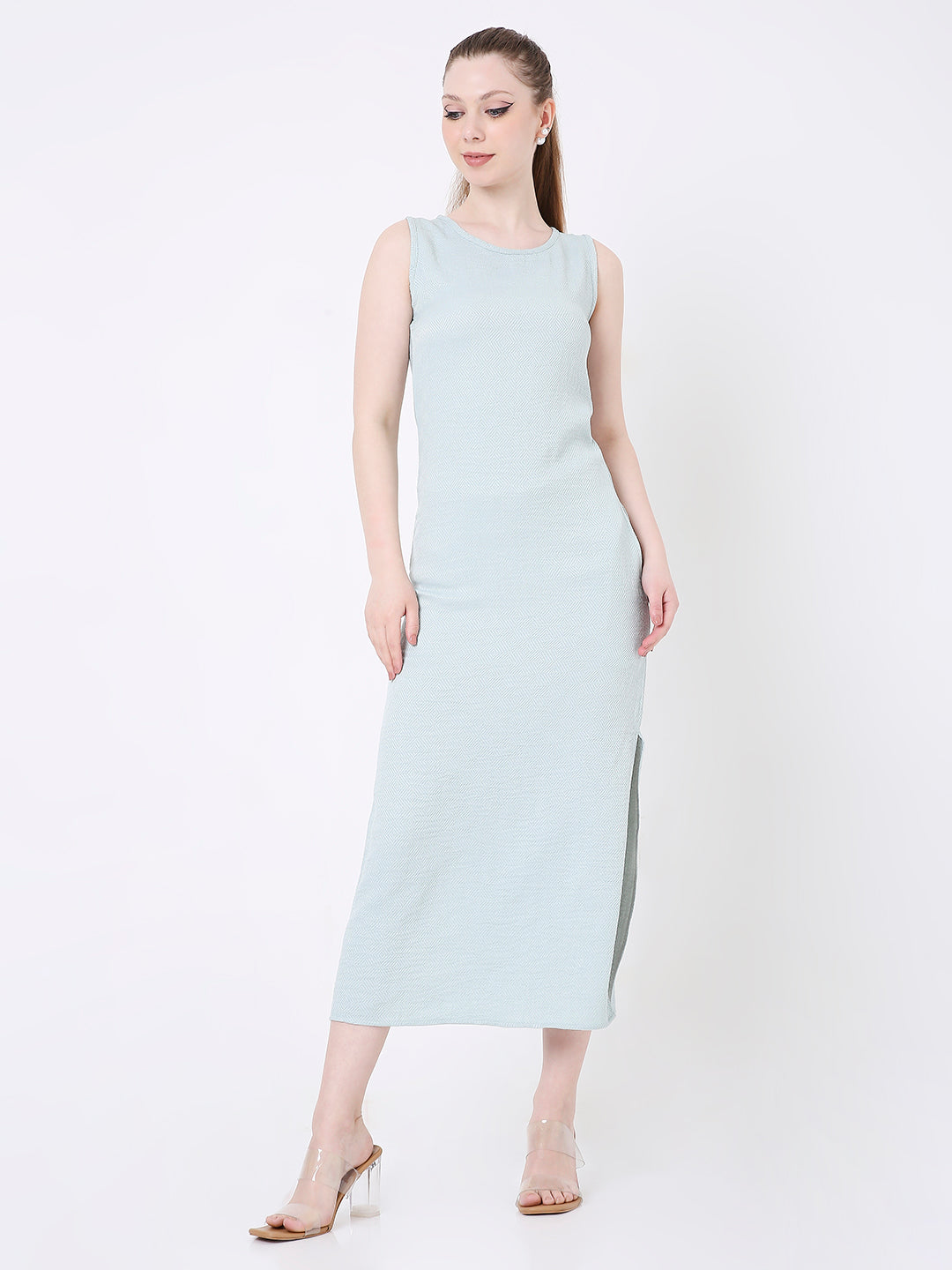 PASTEL GREEN MIDI DRESS WITH SIDE SLIT