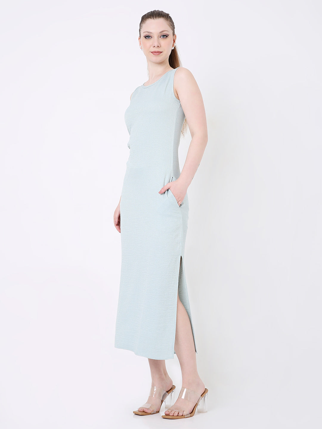 SLEEVELESS TEXTURED MIDI DRESS WITH SIDE SLIT