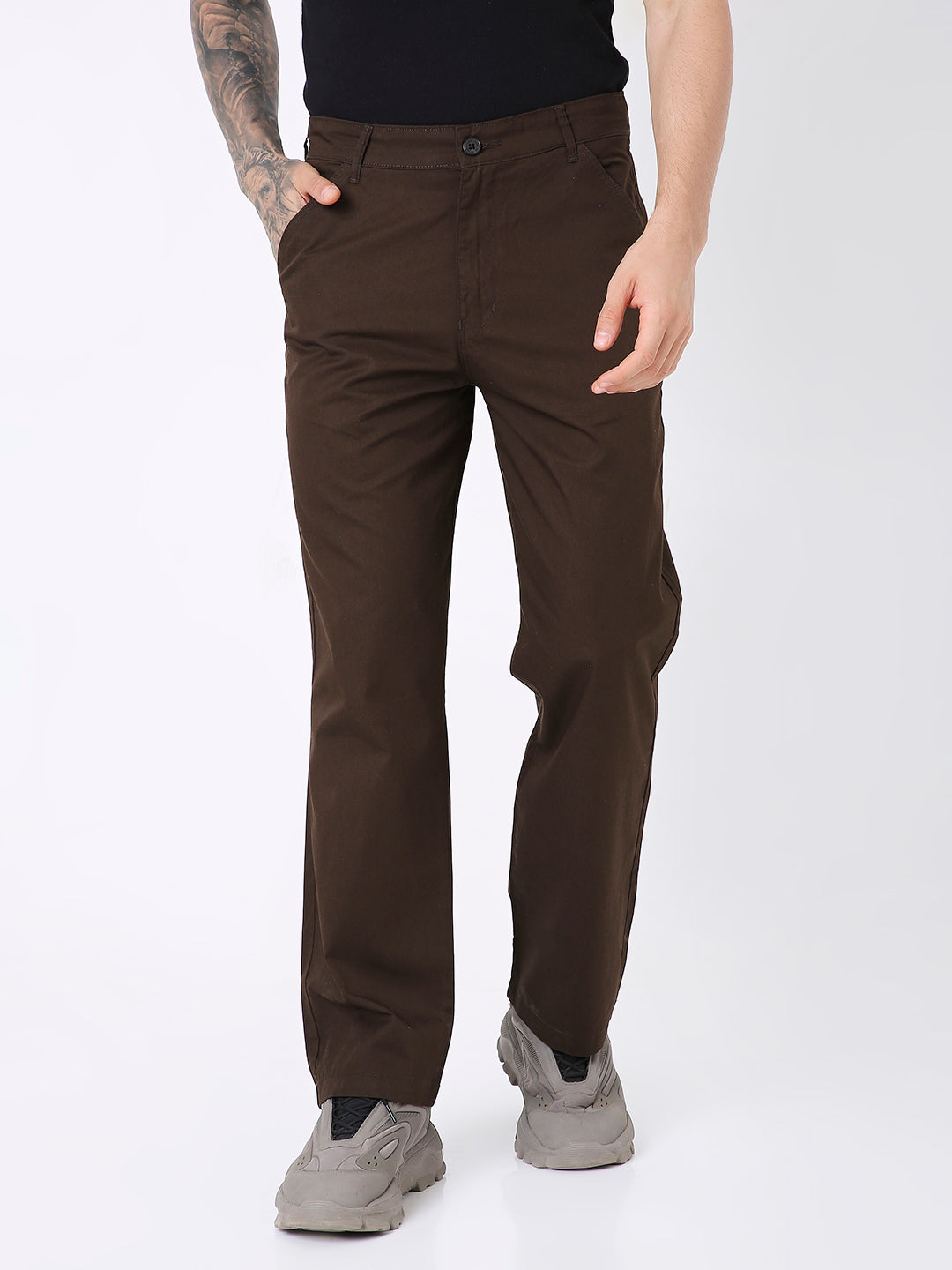 BROWN CLASSIC STRAIGHT-LEG COTTON PANTS
