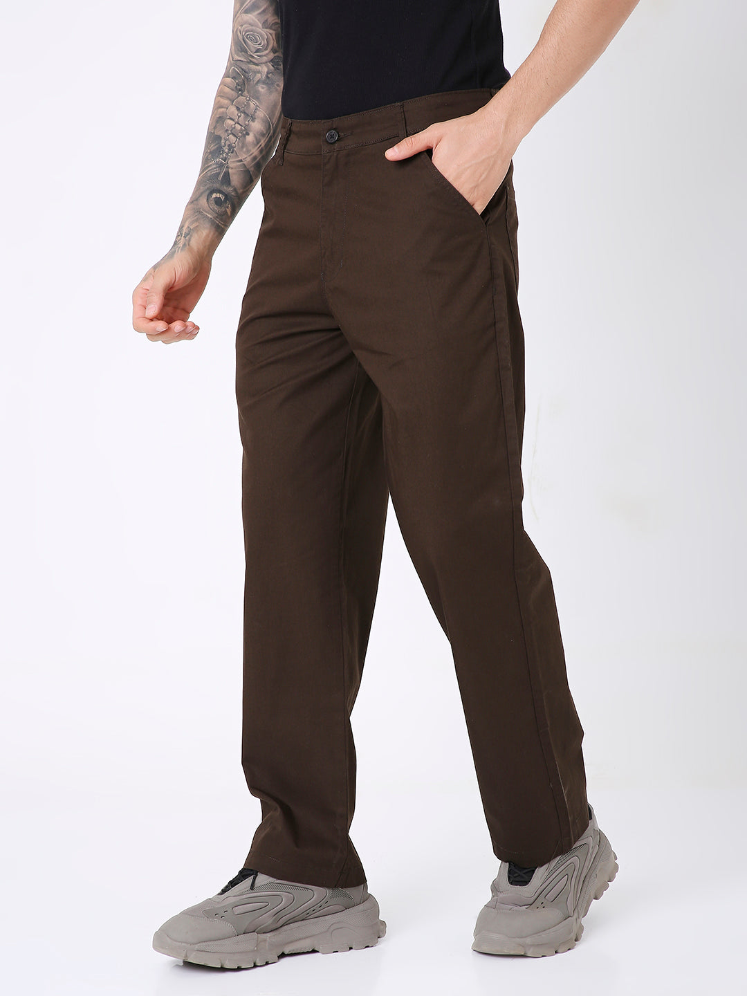 BROWN CLASSIC STRAIGHT-LEG COTTON PANTS