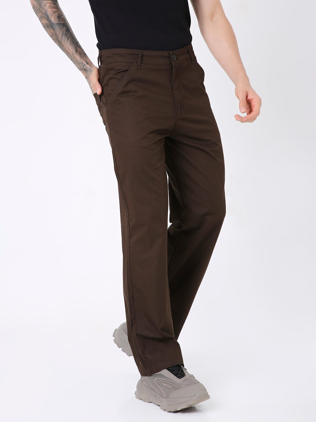 BROWN CLASSIC STRAIGHT-LEG COTTON PANTS