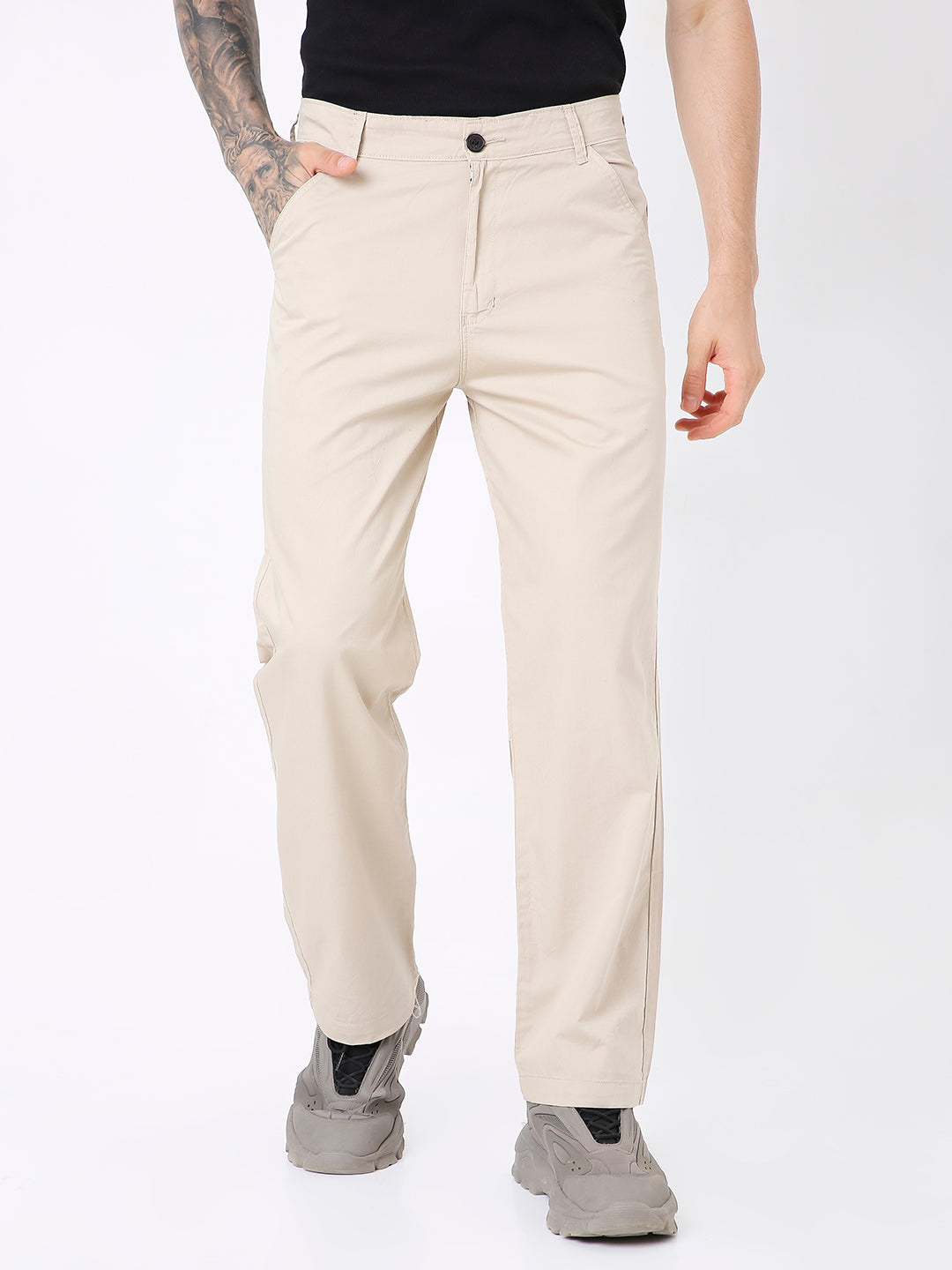 CREAM CLASSIC STRAIGHT-LEG COTTON PANTS