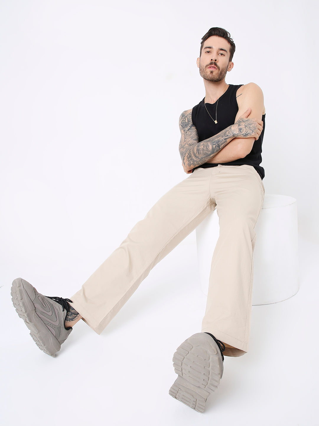 CREAM CLASSIC STRAIGHT-LEG COTTON PANTS