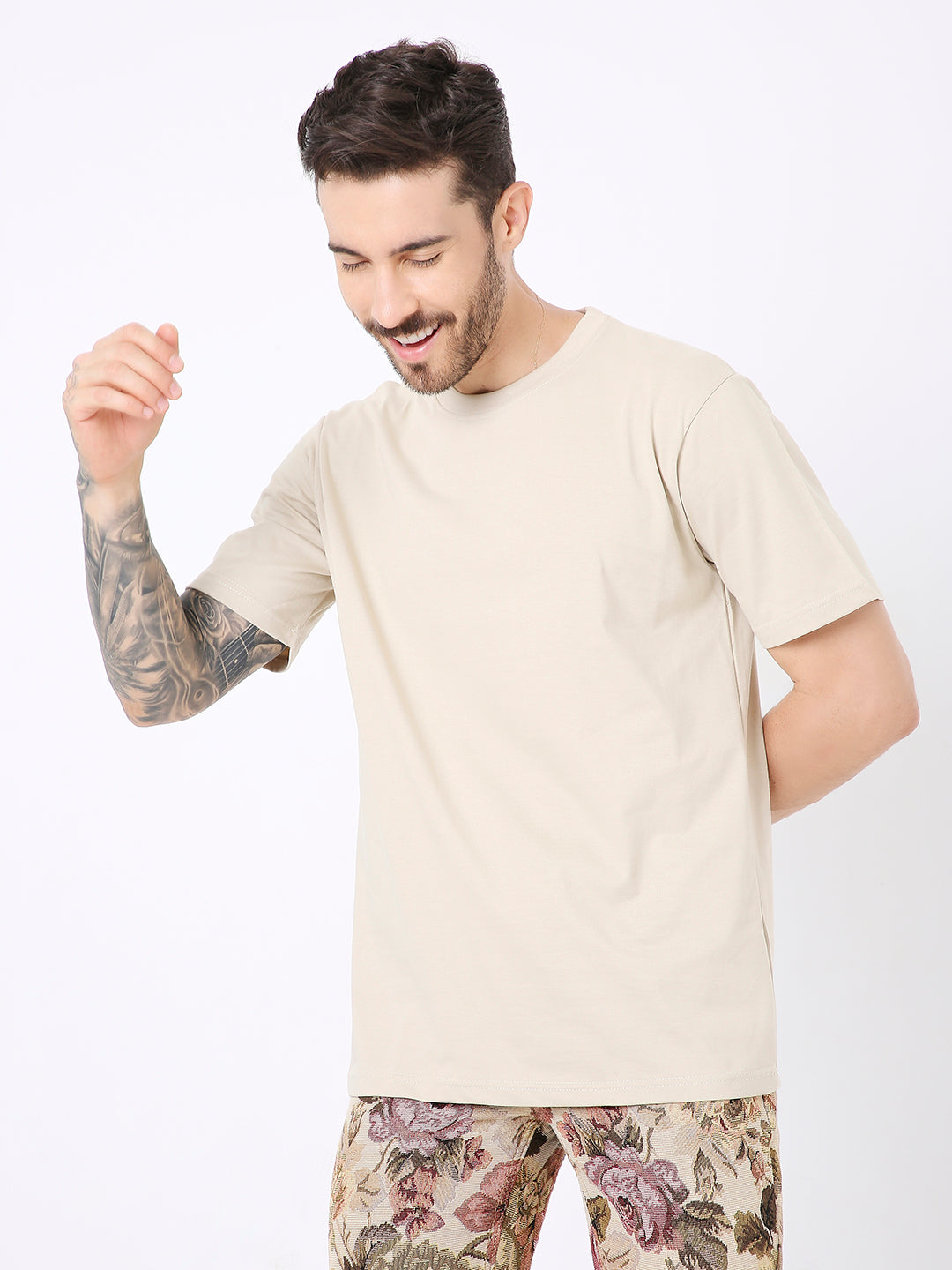 Men's relaxed fit solid sand beige t-shirt with short sleeves and crew neck.