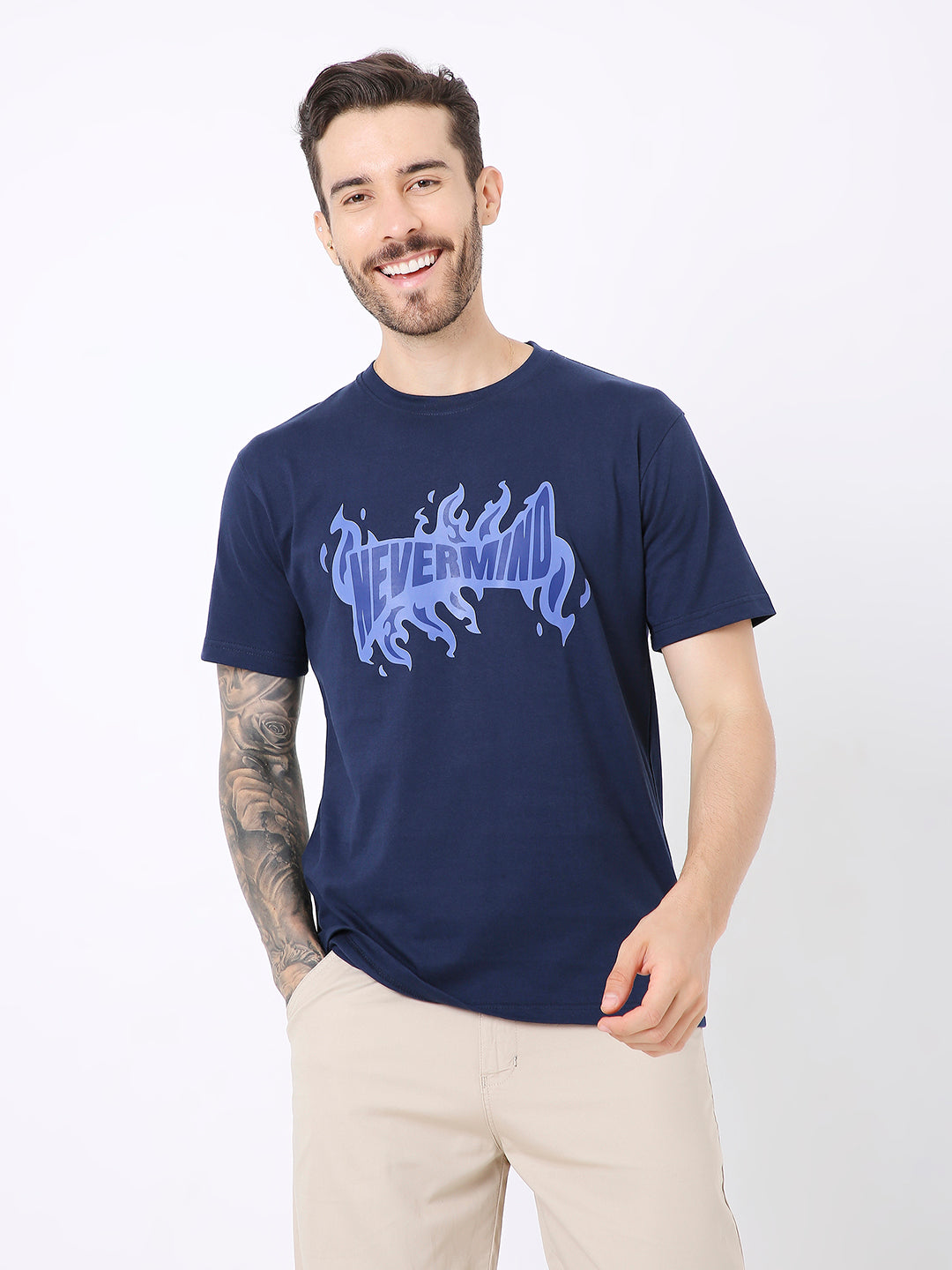 RELAXED FIT NAVY BLUE PRINTED TSHIRT