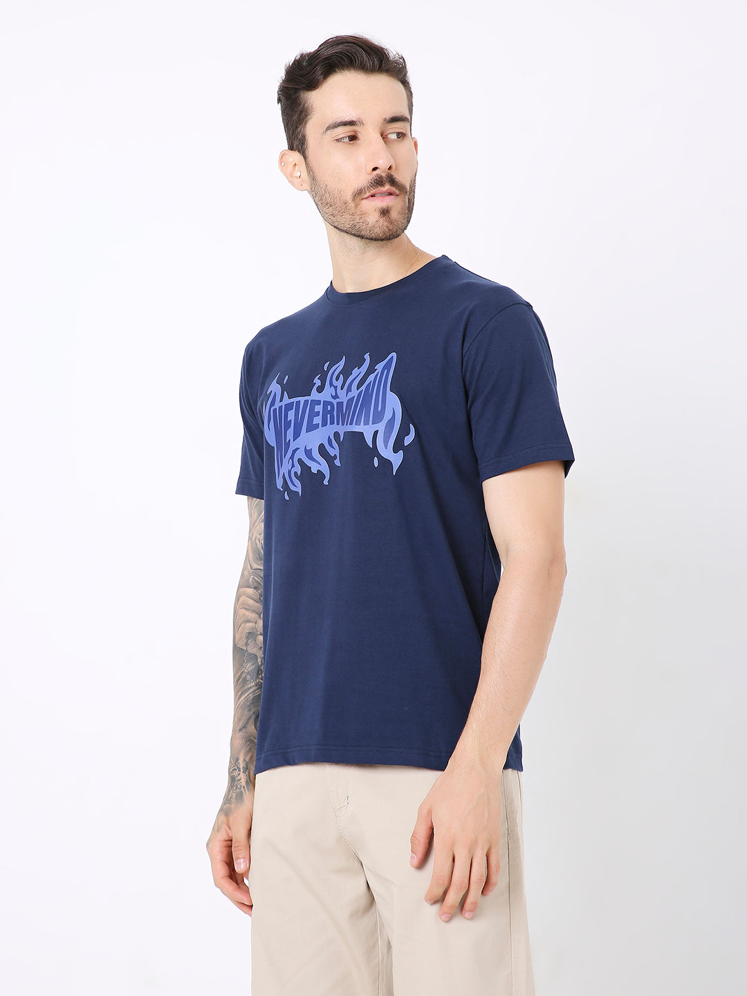 RELAXED FIT NAVY BLUE PRINTED TSHIRT