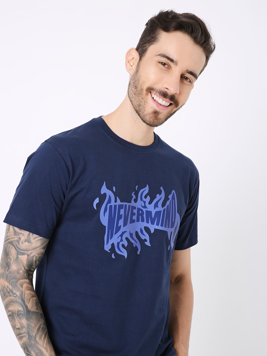 RELAXED FIT NAVY BLUE PRINTED TSHIRT