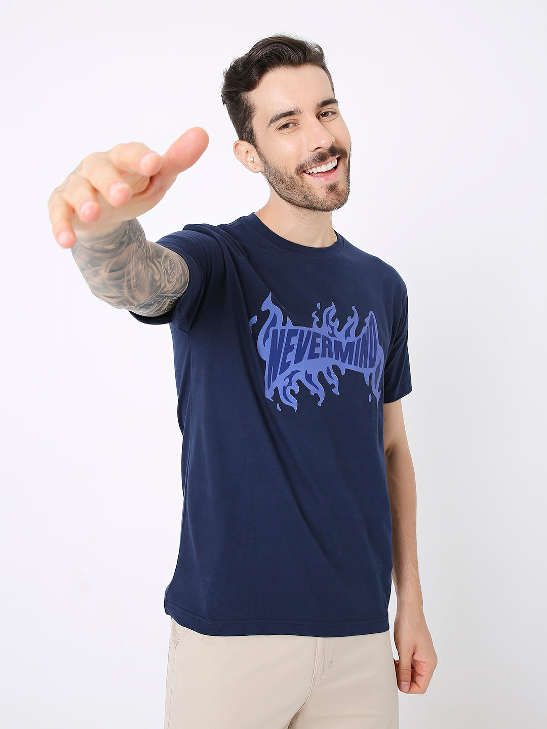 RELAXED FIT NAVY BLUE PRINTED TSHIRT
