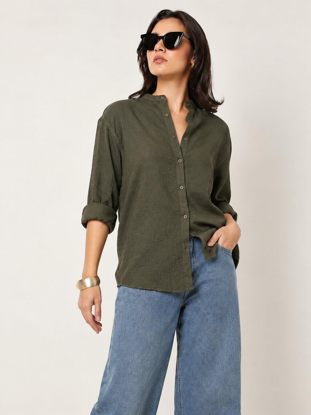 Dark Olive Textured Mandarin Collar Relaxed Fit Shirt