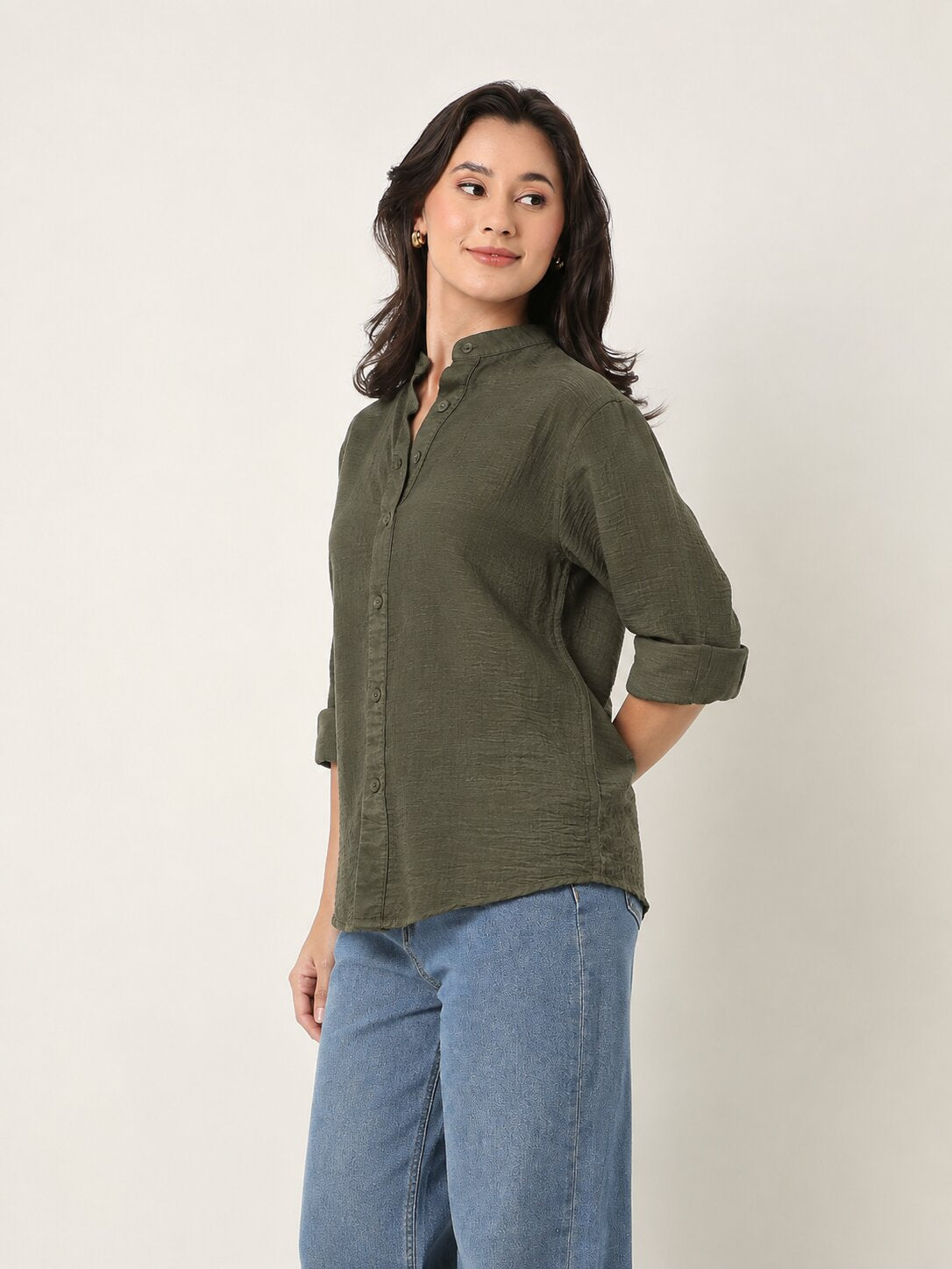 Dark Olive Textured Mandarin Collar Relaxed Fit Shirt