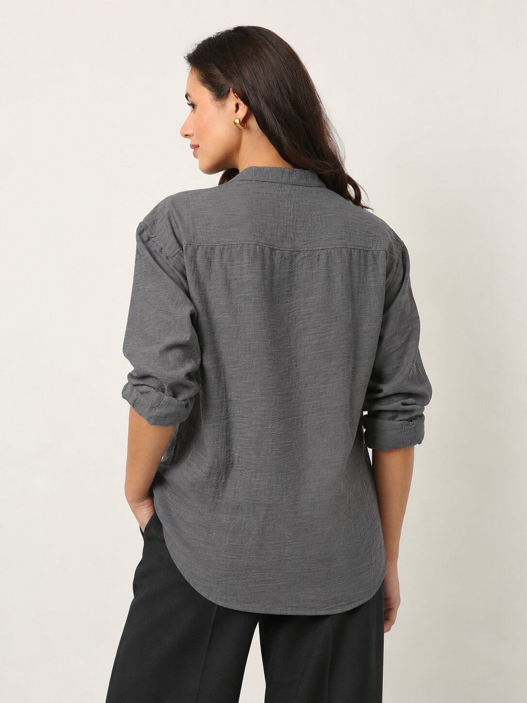 Grey Textured Relaxed Fit Button-Down Shirt