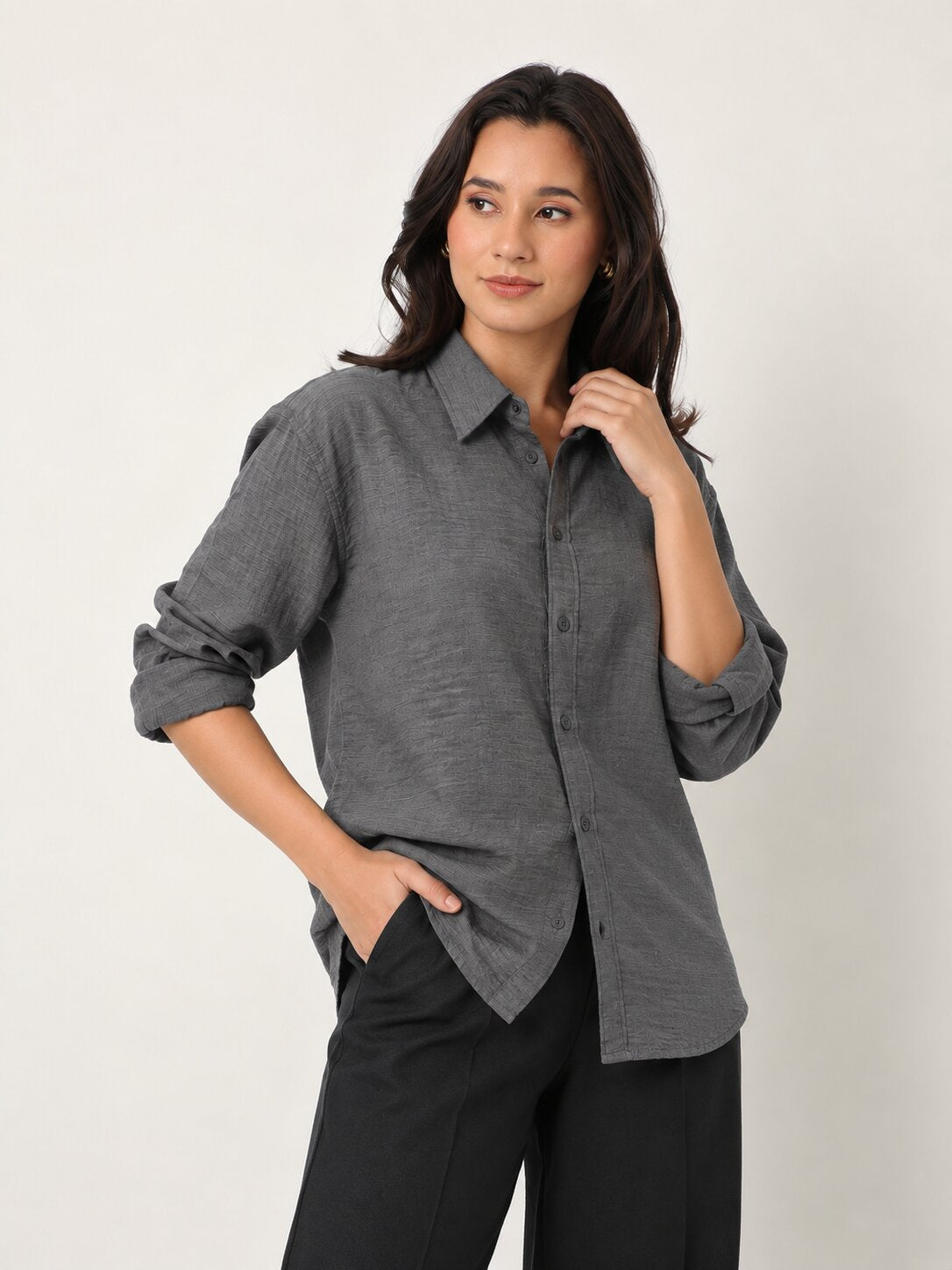 Grey Textured Relaxed Fit Button-Down Shirt