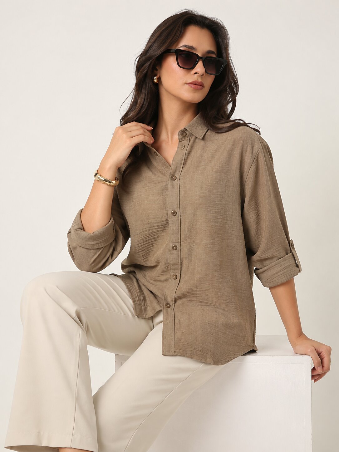 Beige Textured Mandarin Collar Relaxed Fit Shirt