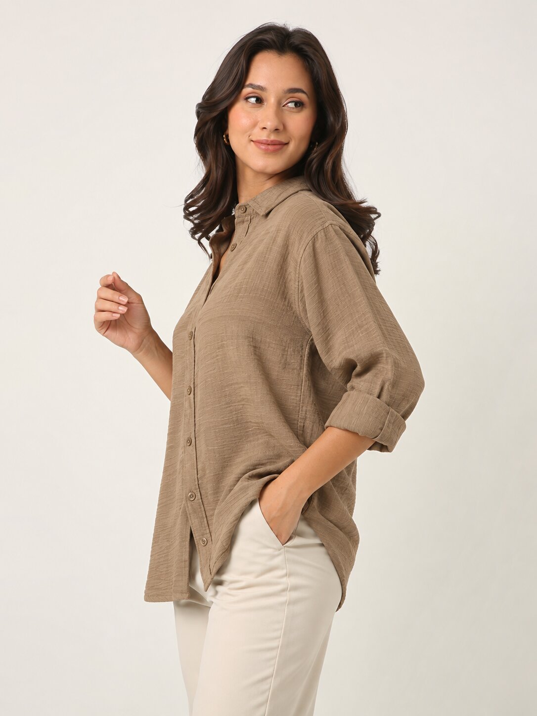 Beige Textured Mandarin Collar Relaxed Fit Shirt