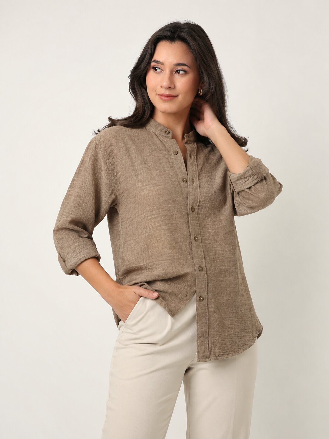 Beige Textured Mandarin Collar Relaxed Fit Shirt