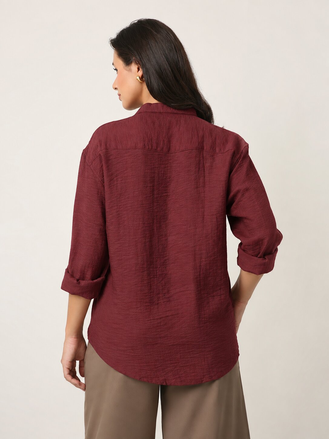 Dusty Maroon Textured Mandarin Collar Relaxed Fit Shirt