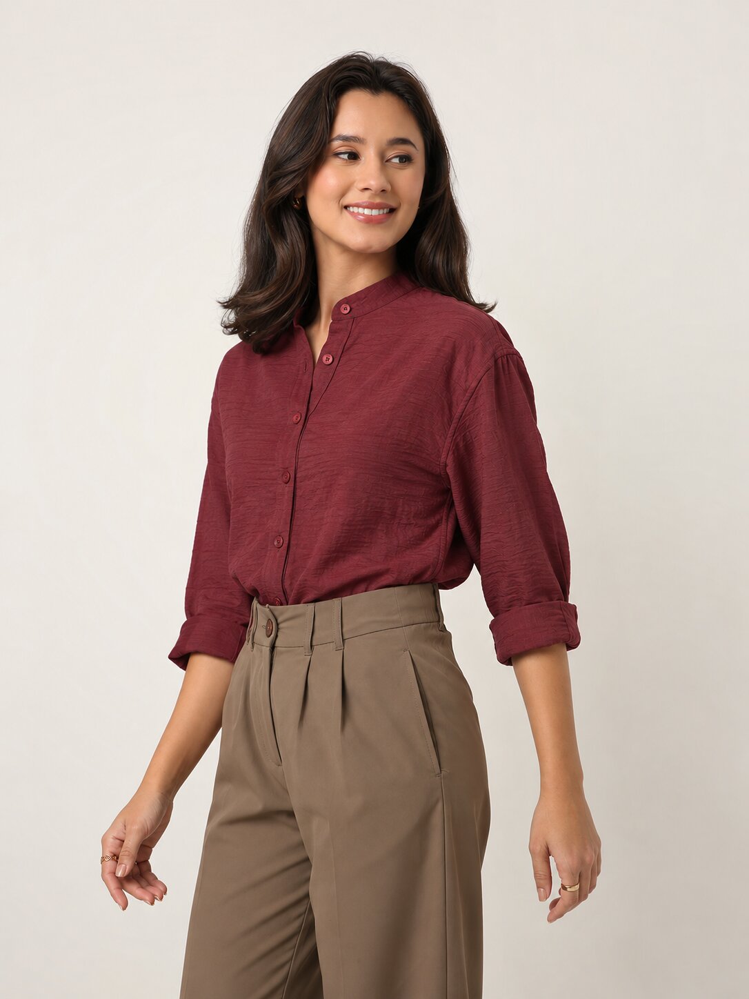 Dusty Maroon Textured Mandarin Collar Relaxed Fit Shirt
